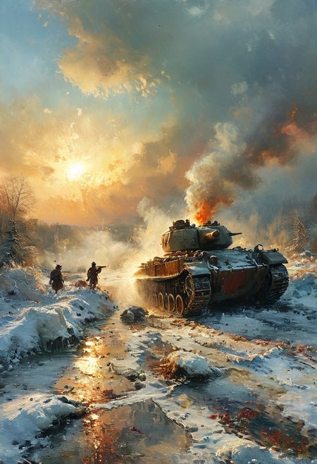 cinematic explosion napoleonic soldiers blowing away ,a ww1 tank stuck in a quagmire, battlefield, vibring color, explosion, ice and snow . Forest.  At sunset, vibring color,  monet,  oil painting, style of Andreas Achenbach