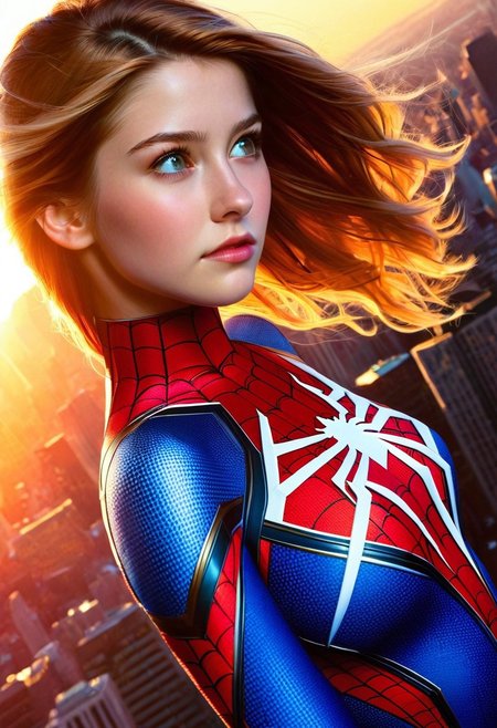 A hyper-realistic portrait of a lone girl, focusing on her upper body, dressed in a sleek Spiderman outfit, with intricate details on the suit's texture and logo, set against a blurred cityscape background with a warm, golden light casting a gentle glow, emphasizing the subject's determined expression, in a cinematic composition with a slight low-angle shot, as if looking up to her, with a vibrant color palette and subtle shading, evoking a sense of heroism and empowerment.