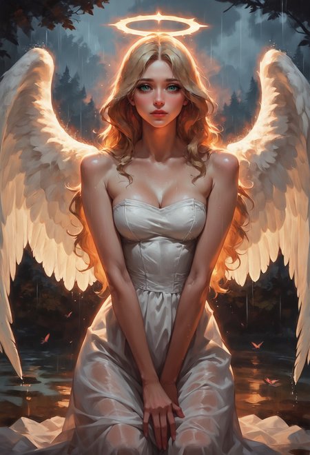 score_9, score_8_up, score_7_up,  1girl angel with 2 large angel wings and a halo, perfect curves, wearing a white dress, strapless, suggestive pose, romantic, solo, detailed eyes, looking at viewer, kneeling, forest, nature, forest meadow, beautiful, looking at viewer, green eyes, begging, medium breasts, fantasy, from front, rain, romantic, sunset, (blonde hair, mid parted hair, straight hair, long hair:1.2), pronounced blush, d4rk01l   <lora:sdxl\Concept Art Twilight Style SDXL_LoRA_Pony Diffusion V6 XL:0.8> <lora:sdxl\vixon_pony_oil:0.7>