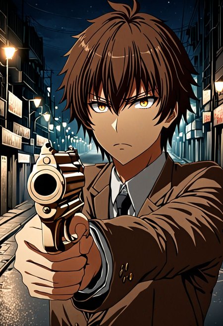 high resolution, solo, best quality, 1Boy, Seiya Kanie, Brownish Hair, portraits, midnight, dim street lights, mysterious, threatening, gun, aiming the gun to the viewer, OverallDetail