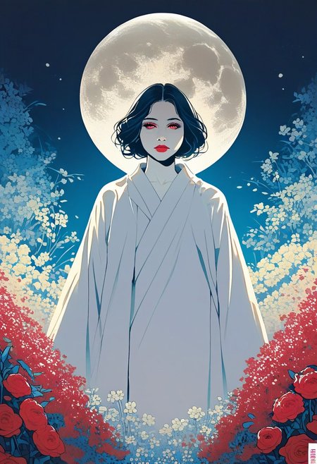 zPDXL3, 1woman, robe, moon, flowers, white skin, highly detailed,   high resolution, best quality, sharp quality,  clear quality, High-definition, smooth image, bright colors, vibrant colors, clean lines,