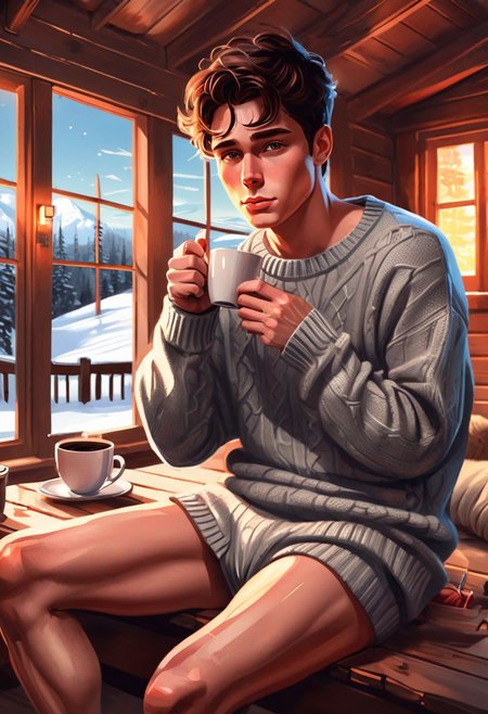 digital painting, sexy smooth male, oversized sweater only, (no pants:2.0), drinking coffee, lounging in a cozy winter cabin