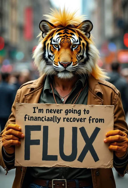 Anthro  tiger man with blonde mullet  holding a sign that says "I'm never going to financially recover from FLUX"