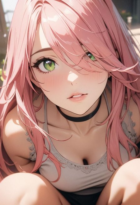 1woman, solo,  long hair, pink hair, black choker, green eyes, one eye covered by hair,  eyeliner,  gorgeous lips, squats, 
 y_d,
cinematic, (masterpiece), (best quality), (ultra-detailed), very aesthetic, illustration, perfect composition, intricate details, absurdres