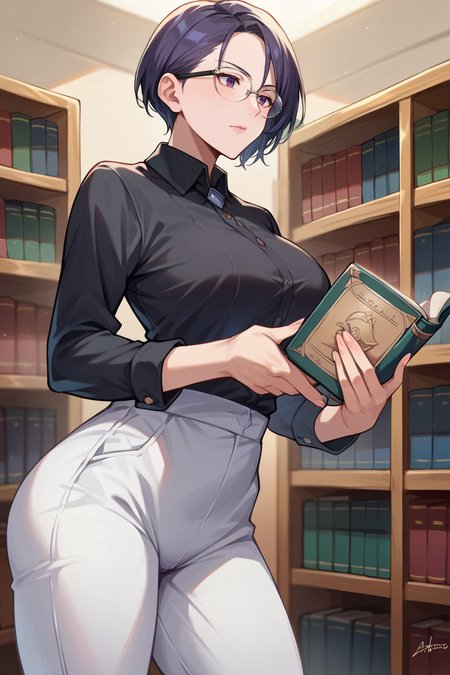 score_9, score_8_up, score_7_up, score_6_up, source_anime, BREAK 1girl,  <lora:shamir-pdxl-nvwls-v1-000006:1> defShamir, short hair, big breasts, black shirt, collared shirt, long sleeves, white pants, glasses, library, holding book