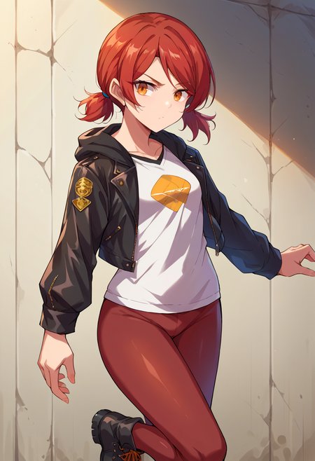 <lora:Marugoshi-Style-PonyXL:1> by marugoshi,, score_9, score_8_up, score_7_up, source_anime,, solo, 1girl, red hair, orange eyes, amber eyes, tsurime, swept bangs, parted bangs, low twintails, short hair, medium hair, small breasts,, leggings, leather jacket, long shirt, combat boots, hoodie,