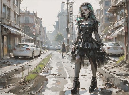 score_9, score_8_up, score_7_up, full body image, environment interaction, walking, 1girl, pale skin, medium breasts, <lora:sm0k3XLP:1>, <lora:goth_clothes:1>, goth dress, gothic, black dress, detailed dress, black high heeled shoes, neon hair color, two tone hair, <lora:SWMS:1>, <lora:Eldritch_Universe_Style:1>,