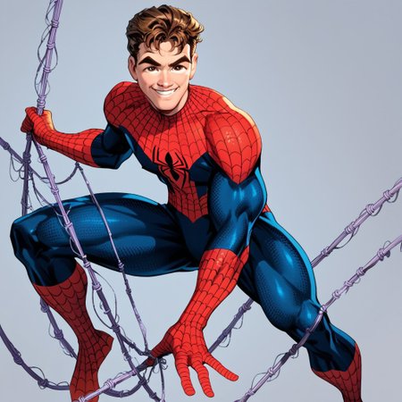 score_9,score_8_up,score_7_up,spider web print, solo, 1boy, , spider-man,male focus, bodysuit, silk, ,  superhero,holding webline,webline,brown hair,thick eyebrows,smile,brown eyes