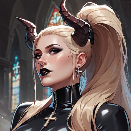 score_8_up, score_7_up, score_6_up, score_9, score_9, score_8_up, score_7_up, score_6_up, raw, 1girl, blonde, devils horns, solo, ((high ponytail)), very long hair, straight hairs, freckles on face, freckles on shoulders, average breasts, black eyes, black makeup, confession:2, posing, average breasts, pierced nipples, black lipstick, ring pierced nose, latex suit, crosses, (((in church))), close:1.5 view, low view, side view, ((dark)), lack of light, ((focused light)), <lora:Lunas-K3nnyn3v-SDXL-A1:1> <lora:KrekkovXL:1> <lora:hutagoXL:1>