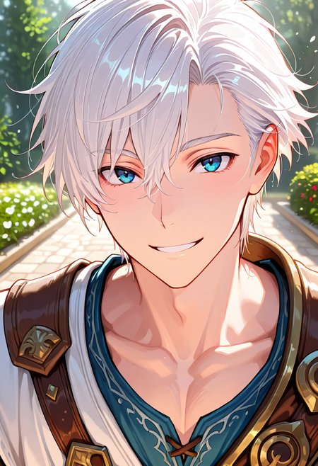 <lora:noobai_vpred_1_masterpieces_v23:1>, <lora:Eyes_Lora_Pony_Perfect_eyes:1> , masterpiece, fantasy\(theme\), thick outlines, best quality, 1boy, handsome, 10-year-old, short hair messy hair, white hair, right-sideswept fringe, blue eyes, smiling, noble estate, garden
