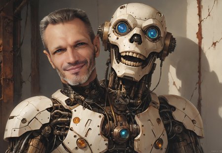 WAD, 1man, 
(portrait, style of boris vallejo), WAD, 1man, (looking at viewer), smile, dressed in a mechanical exosuit, mechanical, animatronic, rust, junk, cluttered, dark and moody, a mesmerizing blend of light and shadow. masterpiece, absurdres, intricate details,