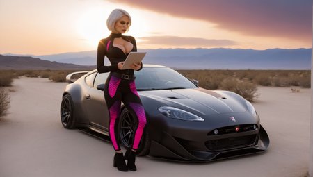 Melva_Machina, (masterpiece photo of 1girl standing in front of vehicle:1.3) ,full body wide angle cinematic shot [standing on path leading to alien city under glass dome], surreal purple sky,(standing woman holding tablet device:1.3), (vehicle focus:1.3),alien planet, surreal desert terrain, arm extended holding tablet, standing next to widebody++ cyberpunk++ prerunner rally offroad car style of (Giorgetto Giugiaro:1.2), (style of Gordon Murray:1.4), (style of Horacio Pagani:1.1),dark stormy clouds paintjob wrap, [alien sky], (magenta and black cloudy skies storms intricate details depth shadows), [ringed planet in distance], dust trails, dust devil <lora:Drone_Cars_XL:0.9>, (pale, 24 years old, cleavage, skinny waist, young european woman, futuristic fashionista:1.5), utility belt, map, (backlit sliced bob medium center part white hair:1.3),form-fitting high tech racesuit with neon magenta accents that highlight her silhouette,(dragon scale leggings:1.1), volumetric lighting