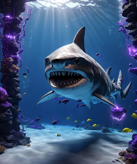 starscourgexl ,a shark swimming underwater,full armor,starscourge radahn style,glowing with purple electricity,armor parts,awardwinning,masterpiece,((realistic)),128k UHD,octane render,sharp focus,trending on artstation,scenery in the background  ,raw photograpy, <lora:Starscourgexl-step00000357:1>