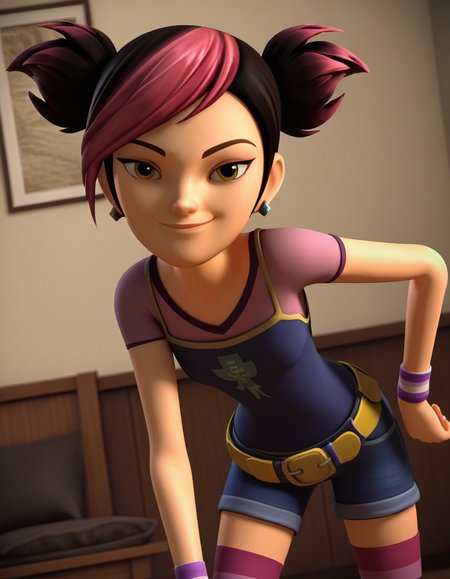 score_9, score_8_up, score_7_up, source_anime, <lora:miko-nakadai-cartoon-ponyxl-lora-nochekaiser:1>, miko nakadai, short hair, black hair, pink hair, multicolored hair, two-tone hair, twintails, streaked hair, 3d,, jewelry, earrings, wristband, camisole, shirt, short sleeves, striped, striped kneehighs, belt, shorts, denim,, indoors, bent over, smile, smug, looking at viewer, solo,, cowboy shot, dutch angle