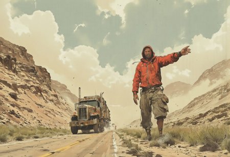 A stark, high-definition snapshot of a desolate Colorado road at midday, with the unmistakable grandeur of the Rockies looming in the background. The sun casts a harsh, almost interrogative light, emphasizing the starkness of the scene. The asphalt stretches into the horizon, a serpentine ribbon that seems to undulate with the heat rising from it. A semi-truck, a colossal metallic creature of the road, has just passed, leaving in its wake a tornado of dust that has not yet settled. The dust cloud is a moment frozen in time, a churning beige specter that fills the right half of the frame, obscuring the view of the mountains. On the left side, a lone figure in a red hoodie stands, slightly hunched over, with one hand on the side of the road to steady themselves. The figure's other arm is outstretched, thumb pointing upward in a hopeful yet defeated gesture of hitchhiking. The semi's roar has just faded into a distant rumble, and the sudden quiet is palpable. The person's face is a blend of determination and resignation, their eyes squinting against the dust storm, as if the passing truck has not just stirred the dirt, but also the very essence of their spirit. The red hoodie is a stark contrast to the monochromatic landscape, a beacon of life amidst the arid, sun-baked surroundings.