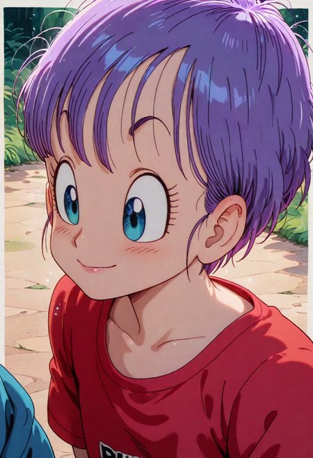 masterpiece, best quality, 32k, high resolution, absurdres 
1girl, solo, bulma, 1girl, solo, child, short hair, purple hair,green  eyes, messy hair
red dress, puffy sleeves, short sleeves, 
closeup, closeup to face, portrait smiling, outside border
outdoors,
light particles, dynamic angle,  cinematic angle, various angles, detailed background, beautiful background, (rays light:1.0),(grow:1.0) vivid colors, shiny and glossy, anime style, high-res, beautiful aesthetic, very intricate, high-quality details, vibrant, 
<lora:add-detail-xl:1.10> <lora:spo_sdxl_10ep_4k-data_lora_webui:0.95> <lora:noobai_ep11_stabilizer_v0.138_fp16:0.6> <lora:StS-Illustrious-Detail-Slider-v1.0:1.10> <lora:cfg_scale_boost:0.95> <lora:nyalia:0.20>   <lora:Ponyo:1>