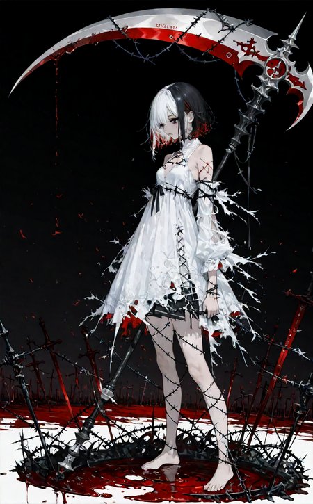 score_9, score_8_up, score_7_up, 1girl, solo, ultra detailed, dynamic angle, short hair, two tone hair, black hair, white hair, black eyes, blood tears, white dress, torn dress, barefoot, holding weapon, scythe, black and white scythe, serrated blade, barbed wire on arms and legs, lake of blood, dark background, <lora:add_detail:1> <lora:Expressive_H:1>