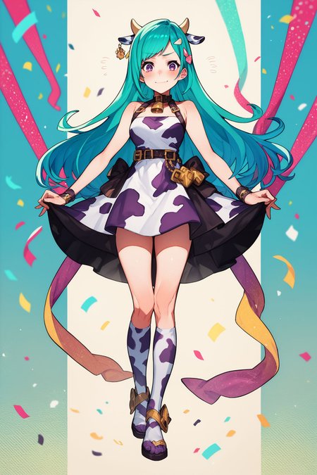 score_9, score_8_up, score_7_up, 1girl, looking at viewer, arms_up, embarrassed nose blush smile, aqua hair, multicolored hair, swept bangs, hair ornament, purple eyes, medium breasts, dark purple cow costume, straight-on, full body, colorful background, confetti, <lora:mika_pikazo_PonyXL_style_v01:1>