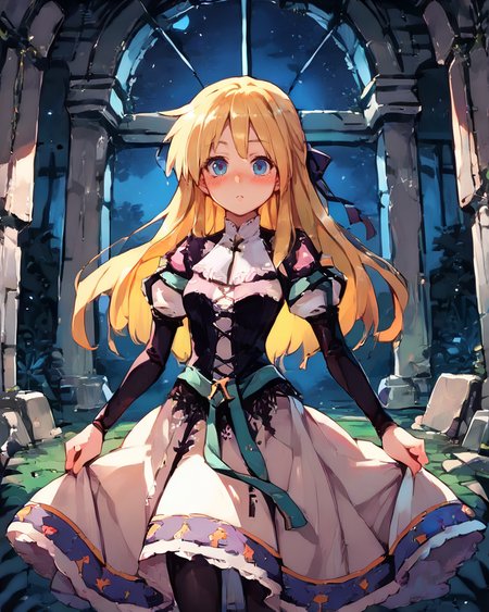 (score_9, score_8_up, score_7_up), source anime, indoors, forest, night, ruins, (night), stars, cosmos, <lora:backgroundsetXL:0.2> , background, woman ruins standing, female focus, blush, looking at viewer, <lora:HandFixer_pdxl_Incrs_v1:0.45> , handfixer, depth of field, highly detailed,(cowboy shot),  <lora:StS_detail_slider_v1PonyXL:1>, detailed, clutter, <lora:Manhwa-Artstyle__PonyXL__Shufflebox:0.35> , Manhwa-Artstyle, anime_source,   <lora:Yggdra:0.8> , yggdef, 1girl, blonde hair, long hair, blue eyes, hair ribbon, ascot, juliet sleeves, black sleeves, dress, cross-laced clothes, cross-laced dress, lace-trimmed dress, lace trim, corset, black pantyhose,