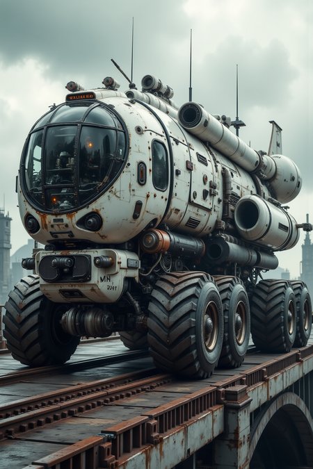 A futuristic battle bus, streamlined, black glass, antennae, scratched and damaged steel panels and huge wheels, off road tires, intakes, vents, motors, complex and intricate machinery, missile battery, turbines, jet engines, exhaust glow, crossing an arched stone bridge, stormy sky, steel buildings, factories, morning light, distant mountains futurist-curve space, feedback,