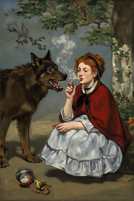 edmanet1 painting.
A woman with red wavy hair, dressed as Little Red Ridding Hood, squatting on the ground and smoking with the Big Bad Wolf.  <lora:edmanet1_cap_d6a3e13:1.0><lora:834384456518232636:0>