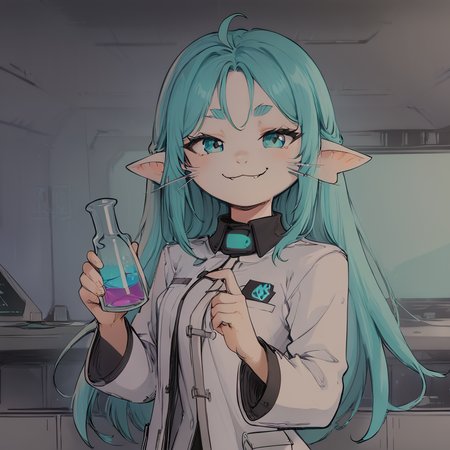 masterpiece, high quality, high detail, hd, in spacecraft, in laboratory, ARIRAL, FELINE HUMANOID, lab coat, white body, aqua hair, long hair, aqua eyes, cute fangs, smug \:\3, holding flask, whiskers, white shirt with black trim <lora:add-detail-xl:1> <lora:ariral xl 1024 v1.1 rank128 pony:1> <lora:LineArt Mono Style LoRA_Pony XL v6:1>