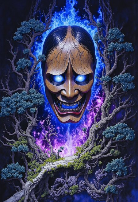 high definition digital illustration depicting a cursed wooden hannya mask radiating an eerie cyan and magenta aura displayed in a liminal bonsai garden, DB4RZ, DB4RZ style painting