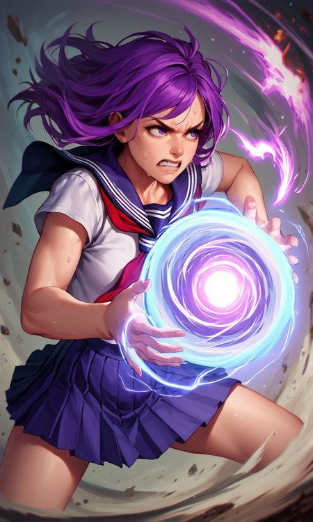 score_9_up, score_8_up, score_7_up BREAK,  <lora:Hadouken:1> <lora:Balak_Style:0.7> Hadouken, kikoken, ((long purple hair)), fireball, energy ball, charging, woman, sweating, martial arts, school uniform, clenched teeth, fighting, energy, shockwave, colorful, action shot