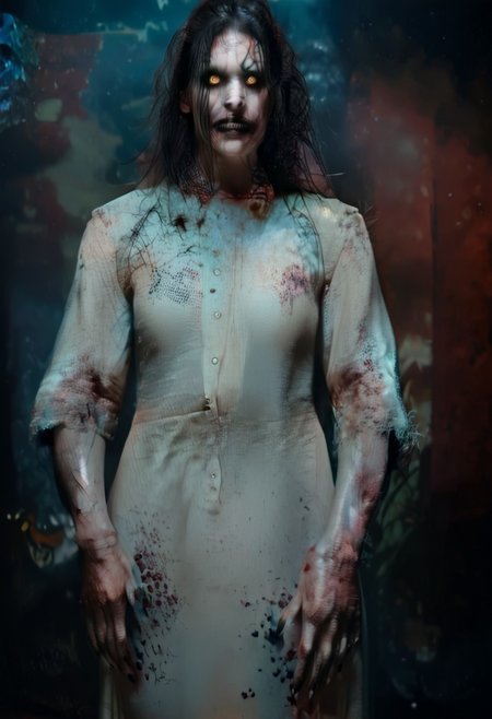 score_9, score_8_up, score_7_up, score_6_up, source_real, source_photo, a 3/4 three-quarters length portrait, WitcherToxinV1 , heavytoxin, veins, black veins, veins, 1girl, deadite woman , female deep one, valak, source_real, source_photo, in the style of the Exorcist movie, exorcist style, a possessed, woman, bloodless lips, valak, Body horror, pale body, yellow eyes, long black hair, grey skin, black veins, monster, scary, paranormal, pale, black veins, long tangled black hair, teeth, hands on hips, front view, very pale skin, very pale grimy filthy skin, evil smile, demonic possession. Evil smile, a possessed woman,, yellow eyes, large breasts, hands by side, floating in mid-air, floating above ground, stained filthy white open old-fashioned stained filthy tattered nightgown, stained filthy basic Victorian nightgown, long nightgown,long sleeves, black pupils,  red lighting, bedroom with peeling wallpaper, horror, scary face, monstrous, evil, claws, red lighting, Expressiveh, g0thicPXL, glowing, neon,, zPDXL2, exorcist style