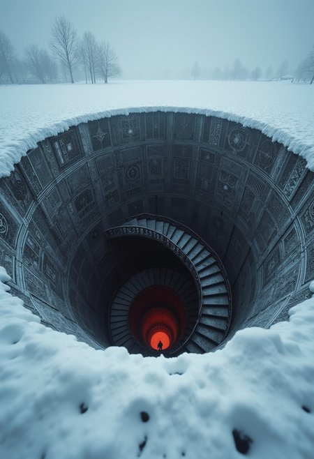 drkfnts style, retro grainy style, in a empty vast snow field there is a dark hole, spiral stairs that that leading down the hole, snowstorm, at the bottom of the hole there is slight red glow, you can see the walls of the hole, intricate ritualistic mazes drawings covering the whole wall, UHD, smooth, sharp, masterpiece, focus on the hole.