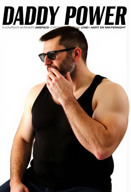 Magazine cover style, close-up facial shot of a 30-year-old man named ThomLDR. He has a robust build with broad shoulders, thick arms, thick thighs, and large pectorals, complemented by short dark hair and a short dark beard. ThomLDR is wearing a black sleeveless tank top and sunglasses, looking to the side with one hand casually adjusting his sunglasses frame, a sly, confident smirk playing on his lips. The background is pure white, featuring the text 'DADDY POWER' in a large, modern, bold, black sans-serif font.<lora:Thom_from_Love_Death_Robots_v1.0:1>