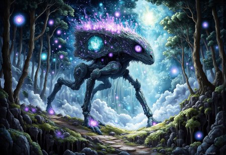 In the heart of an ancient, mystical forest, bathed in the eerie glow of a moon concealed behind thick, swirling clouds, strides a colossal translucent at-st Scout Walker. Its massive mechanical legs thunder across the moss-covered ground as it moves effortlessly through the landscape, its transparent body nearly vanishing in the vast expanse of stars above. The walkers form is translucent, barely visible against the endless cosmic canvas, with starlight piercing through its ethereal silhouette, casting a soft glow from within. The faintly shimmering Scout Walker takes on hues of deep blue and violet, refracting the distant starlight as it moves.
Soft, iridescent mushrooms, glowing faintly in deep purple and emerald hues, sprout from the back of the massive beast, casting brief flickers of light that dance across the shadows of the forest floor. Its eyes, luminous and full of ancient wisdom, gleam as they gaze out from the shifting form, reflecting the brilliance of distant galaxies.
The forest around it stretches endlessly, a labyrinth of twisted, ancient trees wrapped in dark, velvety moss, their branches reaching toward the sky like shadowed fingers. Hints of deep turquoise and dark purple swirl in the air, blending into the atmosphere, as though the entire realm is bathed in a palette of deep, enchanted twilight. The walkers silhouette moves gracefully through this dreamlike landscape, a serene giant in the midst of the cosmic night.