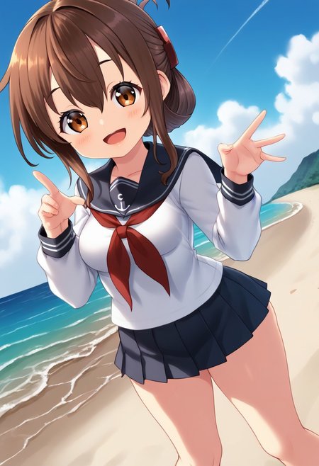 score_9,score_8_up,score_7_up,source_anime,anime, (nsfw:1.0), BREAK, 
yapo, 
1girl, inazuma \(kancolle\), (medium breasts), (shortstack:1.2), brown hair, folded ponytail, long hair, brown eyes, (tareme:1.2), 
serafuku, black sailor collar, black mini skirt, long sleeves, neckerchief, sailor collar, 
(smile), 
head tilt, any pose, 
(angle:random),  
outdoors, warm light, beach, sunset,