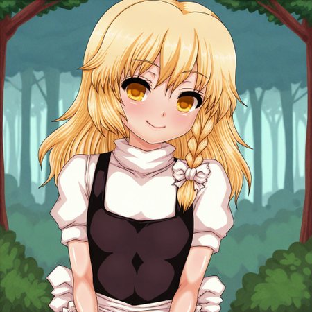 pixelated, pixel_art, n \(dai n honpo\), masterpiece, best quality, BREAK, 1girl, solo, krisame_marisa, smile, facing_viewer, looking_at_viewer, flat_chest, clothed_female, blurry_background, forest,