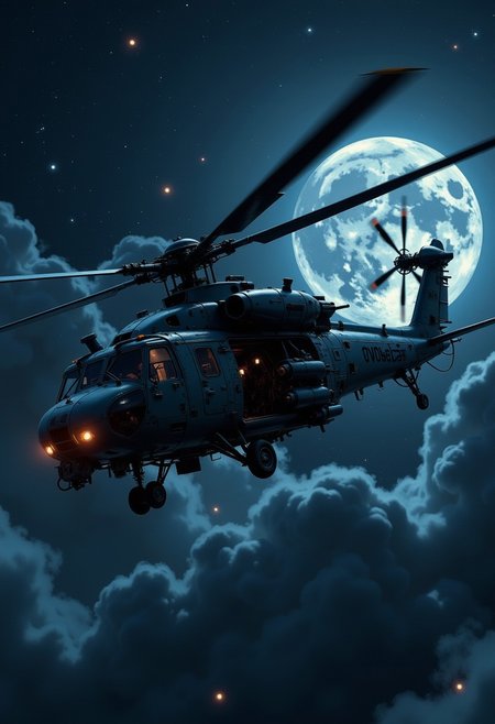 in the style of ck-mgs, A digital artwork in the style of cknc, a_skynet_cyberdyne_craft, the image is featuring an enormous military transport helicopter flying on a moonless dark night, silhouetted, chiascuro, black background, stars, nebula. The fuselage is painted in camouflage blue and black, and the cockpit shows glowing led lights, dutch angle, the image slanted diagonally, motion blur