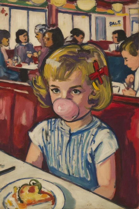 henrylymansayen1 painting.
Close up of a young girl who's face is covered in pink bubble gum, sitting on the right in a diner in 1953. She has should length hair held with red banana clip. The diner has red booths and is full of people lauging and eating.
 <lora:henrylymansayen1_cap_d6a3:1.0><lora:861474232578620958:0>