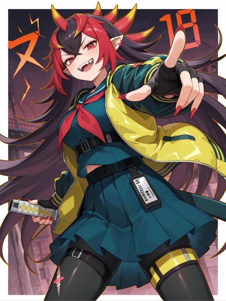 you're finished,oni girl,1girl,sharp teeth,red nails,solo,pointing at viewer,open mouth,holding sheath,katana,looking at viewer,sheathed,sharp fingernails,ear piercing,yellow jacket,blue serafuku,red neckerchief,blue pleated skirt,black fingerless gloves,black pantyhose,digital number,white border,evil grin, 
masterpiece,best quality,amazing quality,very aesthetic,absurdres,newest,<lora:You're Finished illusXL v1:0.74>,