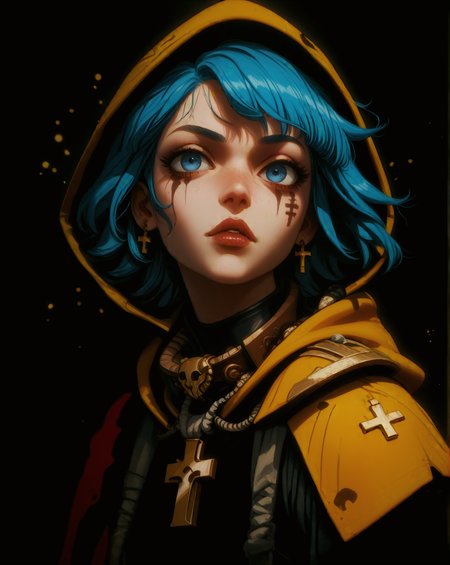 <lora:RFStyle:1.2>, <lora:luce-PD-1.0:0.6>, <lora:edgAdeptaSororitasPonyv1:0.8>,   score_9_up, (score_8_up, score_7_up:1.2), score_6_up, solo, (high quality, hires, very detailed), (GLSHS), perfect proportions, (from side:0.9), portrait of 1girl, blue hair, dark blue eyes, short hair, cross on the neck, (brave:1.2), zzzz, (confident expression with [slightly parted lips] and a relaxed posture:1.2), BREAK  wearing (black color:1.1) power armor with (yellow raincoat:1.1), ((hood up:1.4)), shoulder armor,  BREAK  (simple black background), (strong wind current:1.2), (flat color, dark theme), (side lighting, light particles:1.2), (reflections:1.4), (gorgeous light and shadows, detailed half-body shadows, partially illuminated, halftone effect:1.2),  embedding:zPDXL3,   <lora:hand 4:0.3>, <lora:add-detail-xl:2>,  zPDXL3, perfect hands, edgAdepta, luce, Rotten Forest,