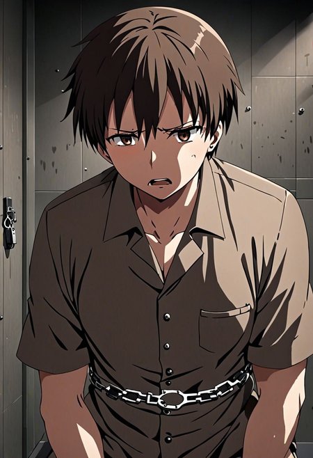 high resolution, solo, best quality, 1Boy, Takaki Toono, Brownish Hair, Brown Eyes, arrested, restrained, struggling, handcuffs, interrogated, interrogation room, OverallDetail