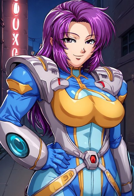 score_9, score_8_up, score_7_up, <lora:offset_0.2:0.1>, <lora:spo_sdxl_10ep_4k-data_lora_webui:1>, BREAK, 
Koukawa, 1girl, solo, mature female,
purple hair, long hair, purple eyes, BREAK,
srwbluepilotsuit, blue bodysuit, pauldrons, wrist guards, metal belt, grey armor, helmet, helmet removed, no headwear, unworn helmet, holding helmet, shiny clothes, glossy clothes, <lora:Pilot_suit__Super_Robot_Wars:1>, BREAK,
smile, facing viewer, hand on hip, BREAK,
outdoors, city, night, neon lights