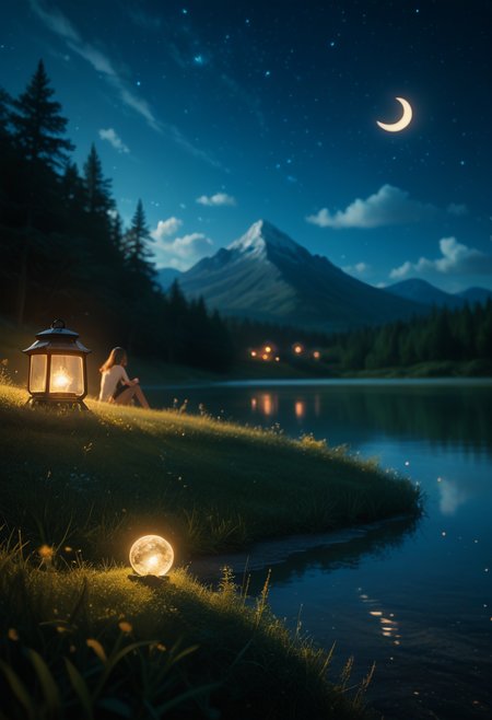 score_9, score_8_up, score_7_up, CINE, outdoors, sky, artist name, cloud, signature, water, blurry, tree, no humans, night, depth of field, blurry background, glowing, moon, cloudy sky, grass, star (sky), nature, night sky, scenery, light particles, reflection, blurry foreground, mountain, crescent moon, orb, bokeh, mountainous horizon, lake, fireflies, 
dof, depth of field, realistic, blurry background,
 <lora:CINE-000008:0.8>