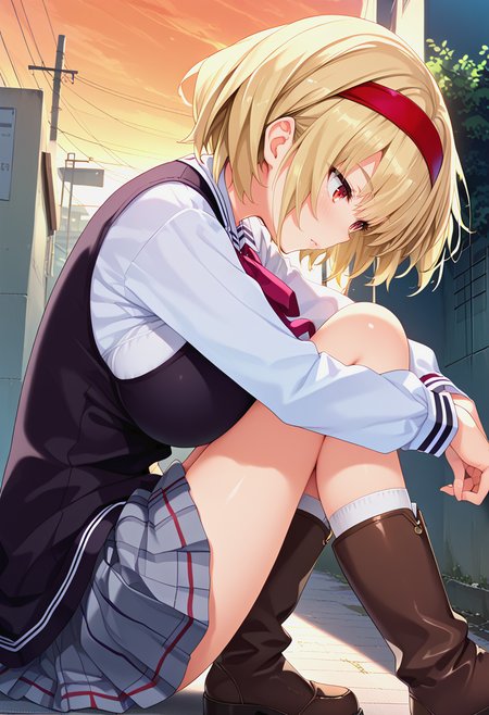 <lora:NTLSIA_Pv1-000040:1>, ntlsia, 1girl, blonde hair, red eyes, short hair, school uniform, hairband, dusk, large breasts, blush, sitting,  boots, brown footwear, from side, orange sky, outdoors, , solo ,, high quality, upper body,  from side, grasping one's knees,  sunset, black cat,, BREAK score_9, score_8_up, score_7_up, score_6_up, source_anime, best quality,