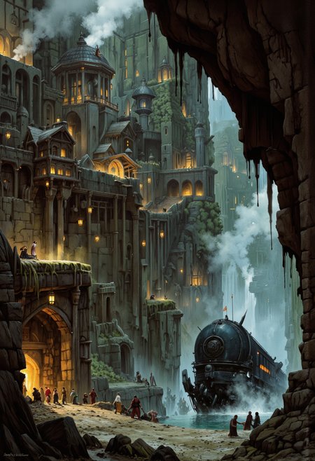 By Jakub Rozalski A dwarf city carved into the side of a canyon, with layered terraces of glowing forge smoke and hanging lanterns, where a council of elders stands before a crashed alien ship, half-buried in stone, mist curling around its chassis. A composition steeped in tension and reverence, evoking Rozalskiâs deep sense of history in every texture, but interwoven with fantasy sci-fi crossover like an elven-Renaissance take on Giger.