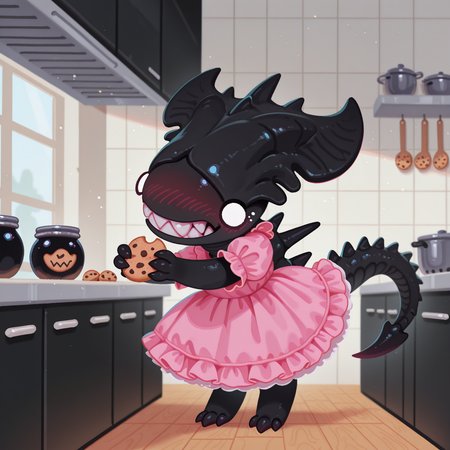 masterpiece, best quality, amazing quality, very aesthetic, absurdres, newest, pikaole, cute, (solo), xenif, teeth, sharp teeth, tail, no humans, monster, colored skin, black skin, claws, spikes, frilly pink dress, holding cookie jar, guilt, o o, blushing, kitchen, <lora:XenomorphQueenIL:1> <lora:pikaole:1>