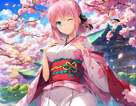 <lora:pony_xl_kaname:0.9>,kaname,score_9,score_8_up,score_7_up,source_anime,best quality,masterpiece,super fine illustration,1girl,solo,cowboy_shot,looking_at_viewer,front view,japanese_clothes,white shiny kimono,furisode,print_kimono,happy,smile,:d,one-eyed wink,light_blush,hair fluttering in the wind,shiny hair,standing,hands_on_own_chest,japanese garden,nature,sky,wind,petals,strong rim light,lens flare,