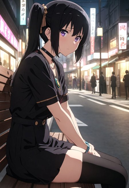 masterpiece, best quality, ultra detailed, highres, 4k, (ultra-detailed:1.4) (illustration:0.5), (ray tracing, :0.8), (anime colored:0.7), (ai-generated:0.5), 1girl, solo, shy, blushing, 
<lora:kousakareina3.1XL1:1.0>, black hair, side ponytail, purple eyes, black shirt, black short skirt, black thighhigh, necklace, neck bracelet, wearing black high heels, looking at viewer, street, night, sit on bench, from side, potrait, full shot,
<lora:euphoniumcharacterXL1:1>, euphoniumcharacter, kousakareina