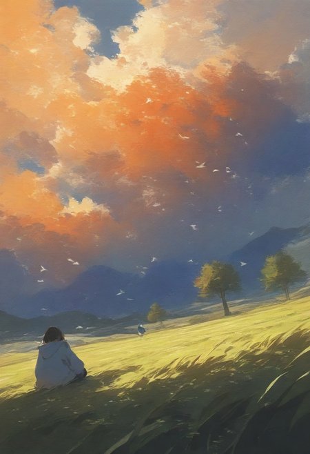 Scandinavian Style Palette, ( impressionism:1.7 ), realistic body,
1girl, sitting in grass, tall grass,  a hut, from below, birds, gradient orange cloud,