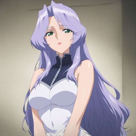 solo,anime coloring,looking at viewer,masterpiece,high score,great score,absurdres,dress,bare shoulders,<lora:Freya ag4o:1> freya, long hair, purple hair, green eyes, lipstick,