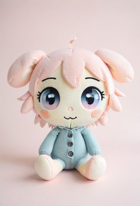 (Living plushie waifu), (anthropomorphic:1.2), fabric textures, (plush:1.4), soft pastel colors, shy smile, big expressive eyes, ((fluffy:1.3)), rounded features, stitched seams, button eyes