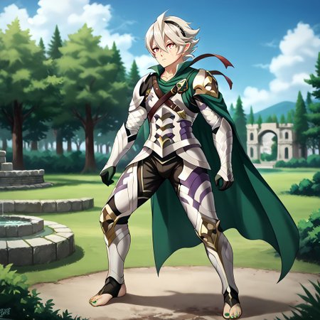 masterpiece, best quality, sharp aliasing, highly detailed, 1male, male body, male,EPfeCorrin, dark green cape, armour, dark green gloves, black pants, wearing pants, outdoors, evening, stone ground, tree, bush, buildings, windy, barefoot, toeless legwear, armoured legwear, armoured arms, shin armour, leg armour, leg and shin armour, shin guards, stirrup legwear, dark green stirrups, 5 toes, Quality, High Definition, Full body view, solo, slimes_sanemi, scar, scars, scar on face, scar on chest, scar on forehead, white hair, muscular, red eyes, slit eyes, pointy ears, standing, green sword, sword stance, green toenails, dirty feet